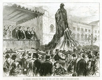 Disraeli che svela la statua del defunto Lord Derby in Parliament Square, Westminster da English School
