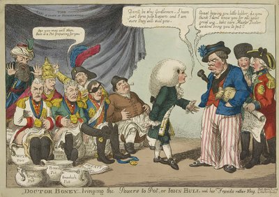 Doctor Boney che porta i poteri a Pot, o John Bull e i suoi amici piuttosto timidi, pub. 1808 (incisione colorata a mano) da English School