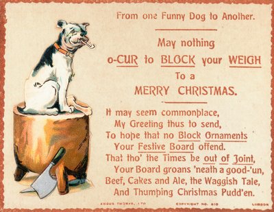 Cane seduto su un ceppo, biglietto di Natale da English School