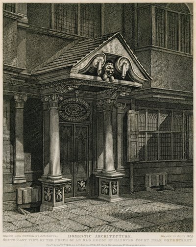 Architettura domestica: vista sud-est del portico di una vecchia casa in Hanover Court vicino a Grub Street da English School