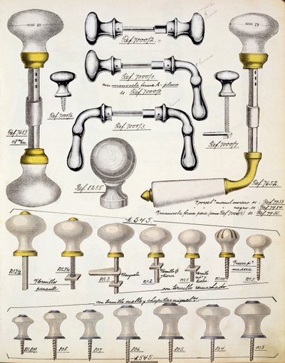 Maniglie delle porte, da un catalogo commerciale di beni domestici e accessori, c.1890-1910 da English School