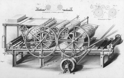 Macchina da stampa a doppio cilindro da Cyclopaedia of Useful Arts & Manufactures, a cura di Charles Tomlinson, c.1880s da English School