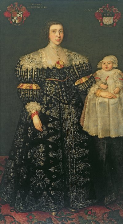 Doppio ritratto di Mary, Lady Bowes, di 24 anni, e del suo figlio maggiore, Thomas, 1630 da English School