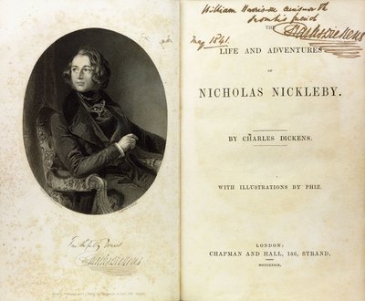 Doppia pagina con un ritratto di Dickens e una dedica di Dickens a William Harrison Ainsworth da English School