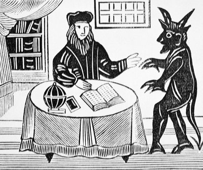 Il Dottor Faustus in Consiglio con il Diavolo, dalla traduzione di Gents del Dottor Faustus di Christopher Marlowe (1564-93) 1648 da una collezione di chapbook sull