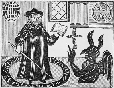 Dottor Faustus in un cerchio magico, frontespizio della traduzione di Gents del Dottor Faustus, pubblicato nel 1648 da English School
