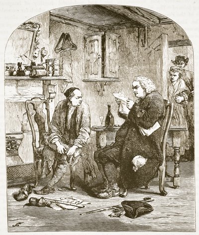 Dr Johnson legge il manoscritto del Vicario di Wakefield, illustrazione da Cassells Illustrated History of England da English School