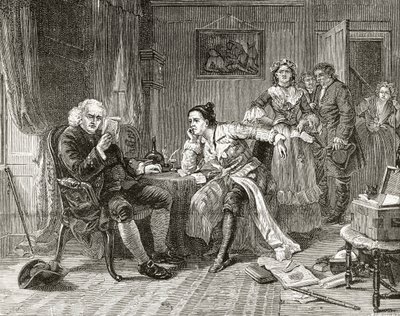 Dr Samuel Johnson che legge il manoscritto di 