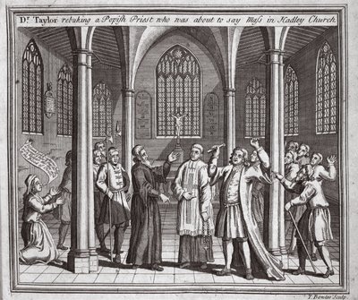 Dr Taylor che rimprovera un prete papista che stava per dire messa nella chiesa di Hadley, illustrazione da Foxes Martyrs c.1703 da English School