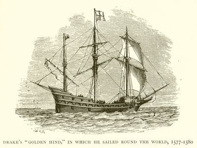 La Golden Hind di Drake, con cui circumnavigò il mondo, 1577-1580 da English School
