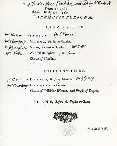 Dramatis Personae per Sansone, un oratorio di Handel da English School