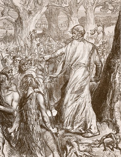 Druidi che incitano i Britanni a opporsi allo sbarco dei Romani, illustrazione da Cassells Illustrated History of England da English School