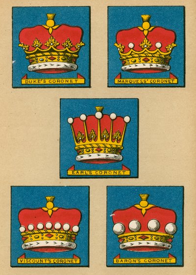 Corona del duca. Corona del marchese. Corona del conte. Corona del visconte. Corona del barone da English School