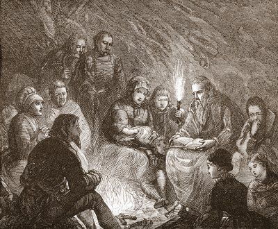 Protestanti olandesi in nascondiglio, illustrazione da La storia del protestantesimo di James Aitken Wylie, pub. 1878 da English School