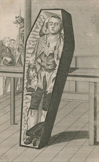 Conte Ferrers nella sua bara alla Surgeons Hall da English School