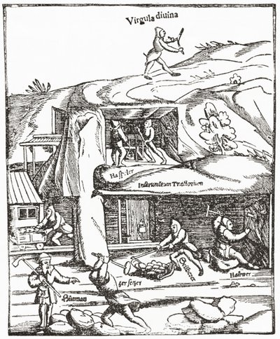 Rappresentazione precoce della Bacchetta Divinatoria, che mostra una figura con una bacchetta divinatoria sopra il terreno alla ricerca di acqua, carbone o oro e i minatori sottoterra che lavorano per trovare carbone. Da The Strand Magazine pubblicato nel  da English School