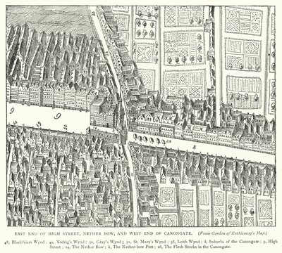 Estremità orientale di High Street, Nether Bow, e estremità occidentale di Canongate (incisione) da English School