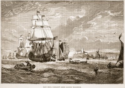 Navi della Compagnia delle Indie Orientali che lasciano Woolwich, illustrazione da Cassells Illustrated History of India di James Grant, pub. 1879 da English School
