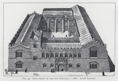 Facciata est delle vecchie scuole, c 1688, dopo Loggan da English School