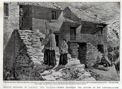 Mattina di Pasqua in Corsica, il prete del villaggio benedice le case della sua parrocchia - Illustrazione per The Graphic da English School