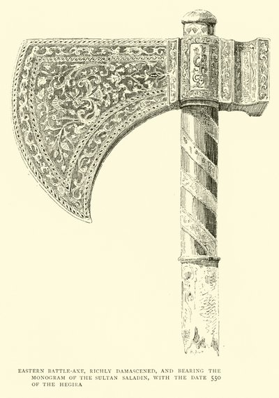 Ascia da battaglia orientale, riccamente damascata, con il monogramma del Sultano Saladino e la data 550 dell