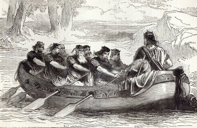 Edgar il Pacifico remato lungo il fiume Dee da otto principi tributari, illustrazione da 