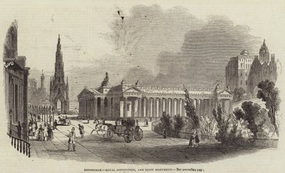 Edimburgo, Royal Institution e Scott Monument (incisione) da English School