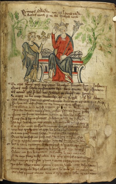 Edoardo II seduto su un trono, con scettro nella mano sinistra, e toccando la sua corona con la mano destra. Una piccola figura (probabilmente una personificazione del Galles) gli offre un