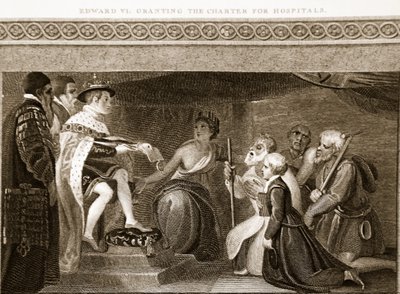 Edoardo VI concede la carta per gli ospedali, illustrazione da La storia d