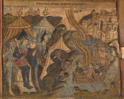 Edoardo di York, insieme ai conti di Salisbury e Warwick, salpano per Calais dopo la battaglia di Ludford Bridge. Re Enrico VI osserva trionfante, illustrazione da 