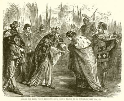 Il Principe Nero Edoardo presenta il Re Giovanni di Francia a suo padre, Edoardo III, 1357 da English School