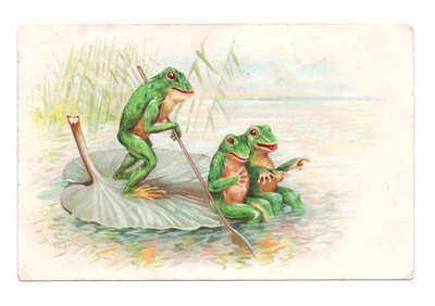 Cartolina edoardiana raffigurante due rane sedute su una barca di ninfee mentre una terza rema, 1910 circa (litografia a colori) da English School