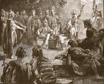 Edwin di Northumbria e missionari cristiani, illustrazione da Cassells Illustrated History of England da English School