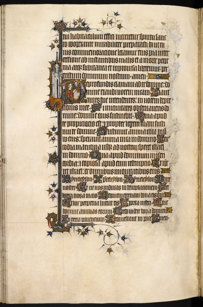 Egerton MS 3277, f.131v, Signora Bohun in preghiera, con leone e castello marginali, dal 