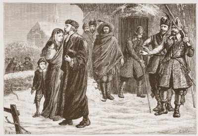 Espulsione di un pastore protestante ungherese in inverno, illustrazione da The History of Protestantism di James Aitken Wylie, pub. 1878 da English School