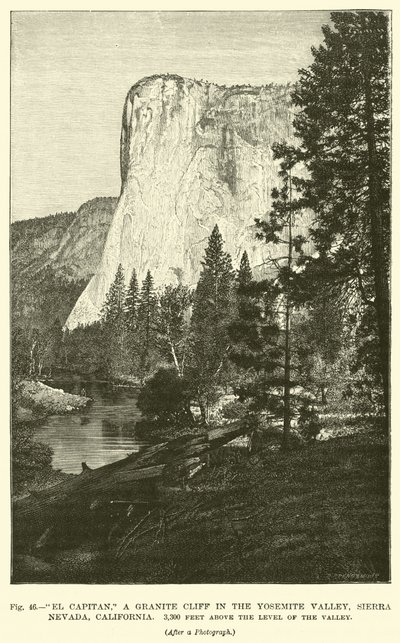 El Capitan, una scogliera di granito nella Valle di Yosemite, Sierra Nevada, California, 3.300 piedi sopra il livello della valle da English School