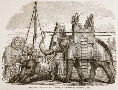 Elefante equipaggiato per la battaglia, con armatura, howdah, ecc., illustrazione da Cassells Illustrated History of India di James Grant, pub. 1879 da English School