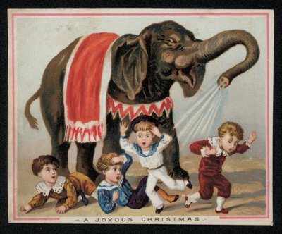 Elefante che gioca spruzzando acqua sui bambini, cartolina di auguri di Natale da English School