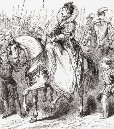 Elisabetta I ispeziona le sue truppe al porto di Tilbury, 1588, da Ward e Locks Illustrated History of the World, pub. c.1882 da English School