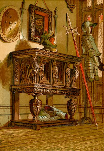 Credenza o armadio elisabettiano nel castello di Warwick (incisione a colori) da English School