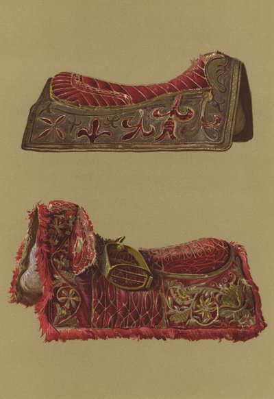 Selle di velluto ricamate del Principe Rupert e del Re Carlo I (cromolitografia) da English School