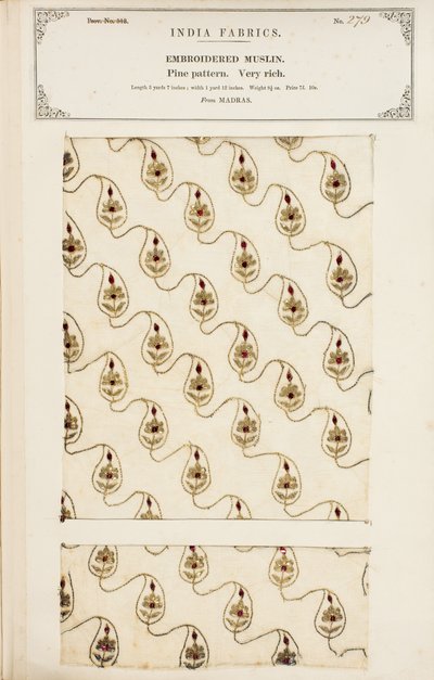 Campione di mussola ricamata da Madras, da The Collection of the Textile Manufacturers of India, di John Forbes Watson, pubblicato nel 1866 da English School