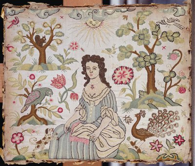 Pannello ricamato raffigurante una dama in un giardino, c.1700 da English School