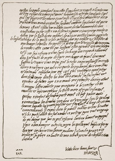 Fine di una lettera a Elisabetta I, da Maria, regina di Scozia, quando era in prigione, chiedendo di avere un cappellano cattolico, illustrazione da The Church of England: A History for the People di H.D.M. Spence-Jones da English School