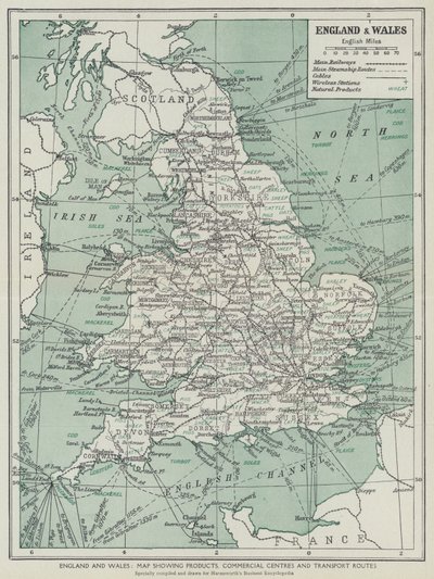 Inghilterra e Galles, Mappa che mostra prodotti, centri commerciali e rotte di trasporto da English School