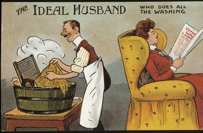 Cartone inglese (marito ideale): il marito ideale (che fa tutto il bucato) - cartolina, n.d., circa 1920 da English School