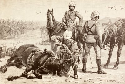Cavalleria inglese che abbevera i cavalli durante la guerra mahdista, Sudan negli anni 1880 da English School