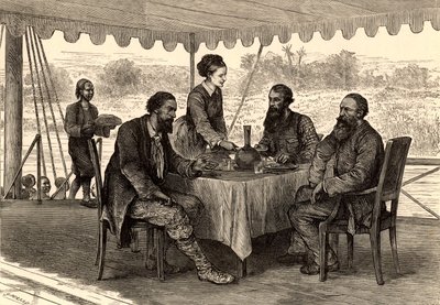 Gli esploratori inglesi John Hanning Speke (1827-1864) e James Augustus Grant (1827-1892) a Gondokoro, nel Sudan meridionale, al termine della loro spedizione, dove furono accolti da Samuel (1821-1893) e Florence (1841-1916) Baker (incisione) da English School
