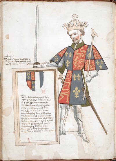 Re inglese in armatura e tabarro (Riccardo II), presenta una targa con versi. da English School