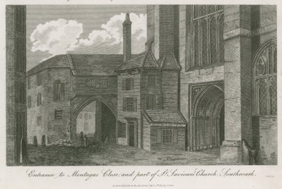 Ingresso a Montague Close e parte della Chiesa di San Salvatore, Southwark, Surrey da English School